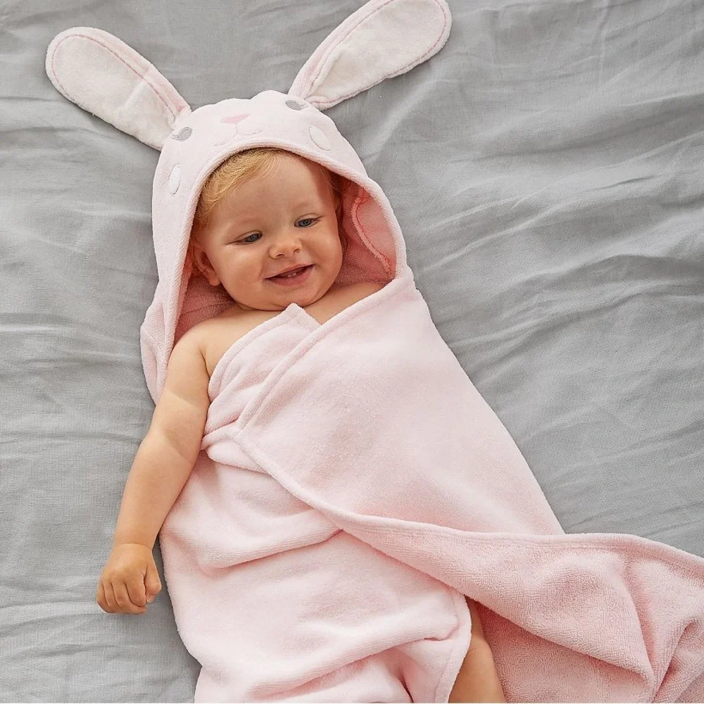 Pottery Barn Plush Baby Hooded Towel Collection Lilac New Bath Wrap Bunny